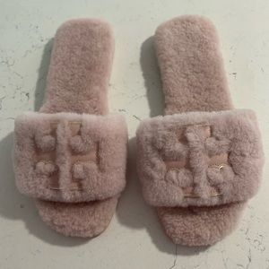 Tory Burch Double T Shearling, pink slide size 9